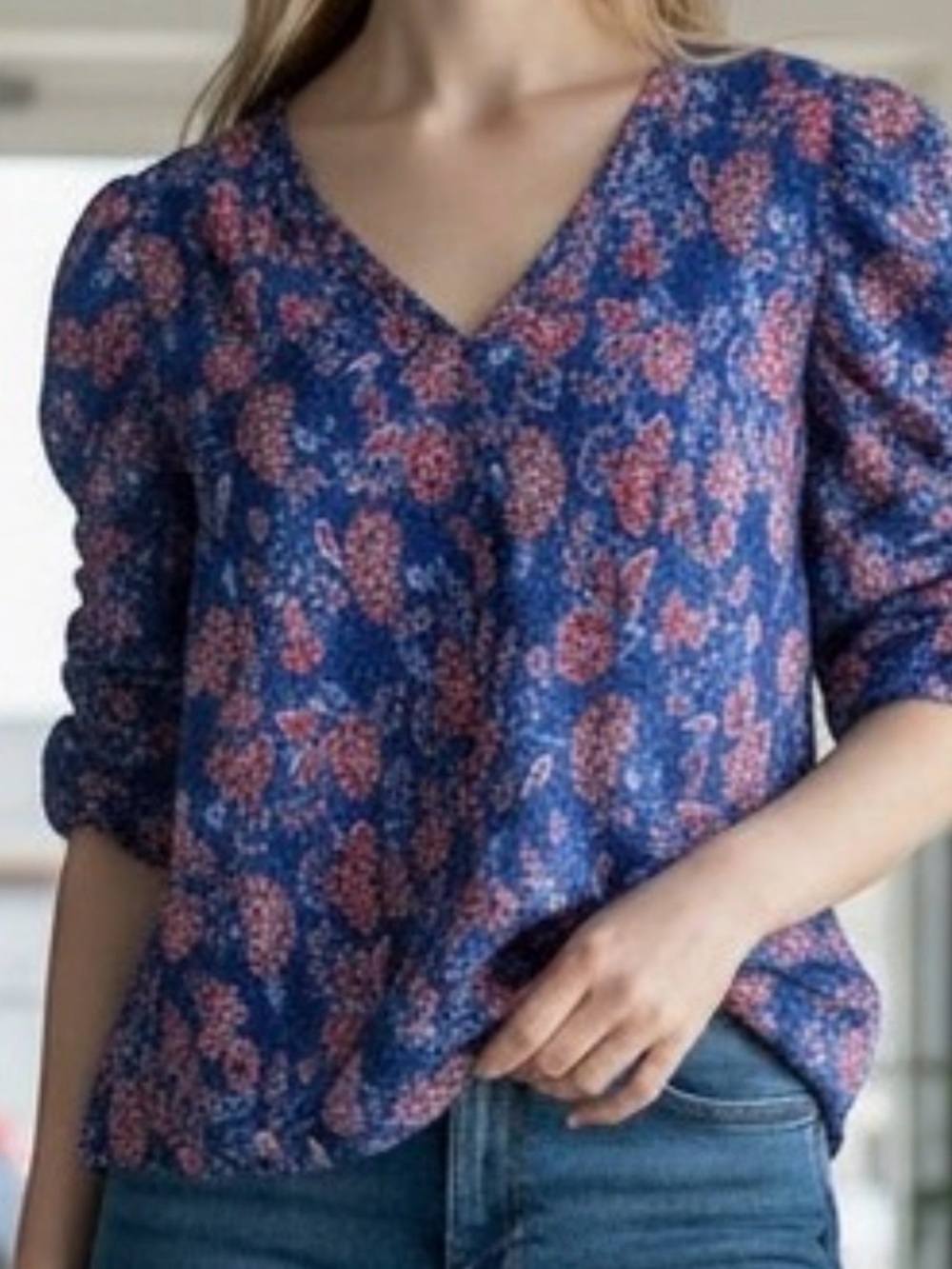 Loft Blue‎ Floral Ruched Puff Sleeve V-Neck Blouse Top Large Boho Romantic